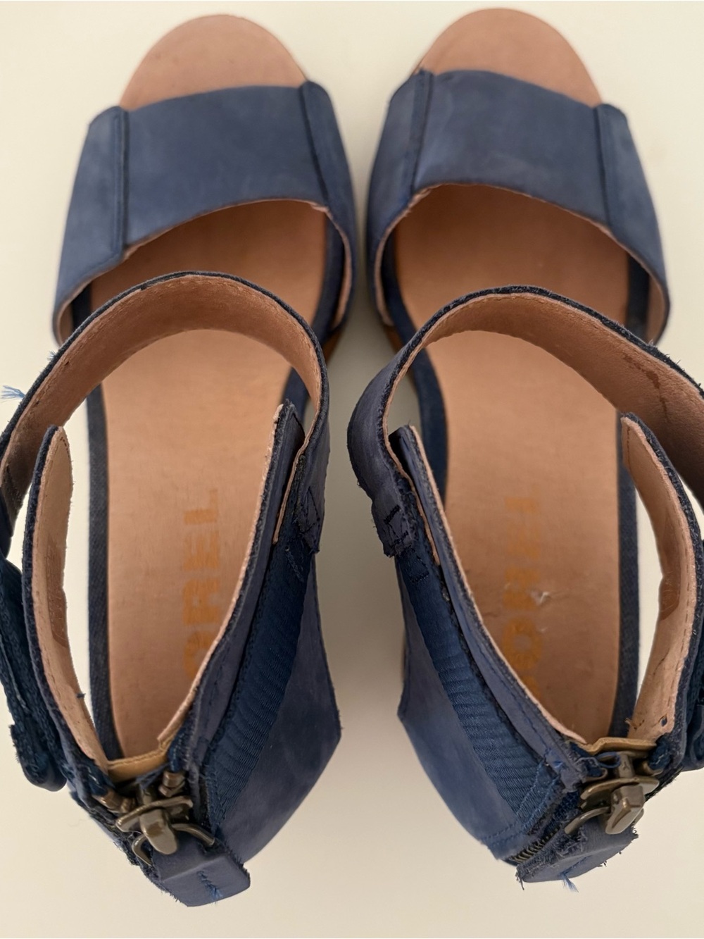 Sorel Joanie II Full Grain Leather Sandal Wedges Blue Tan Women Size 8 - Picture 6 of 8